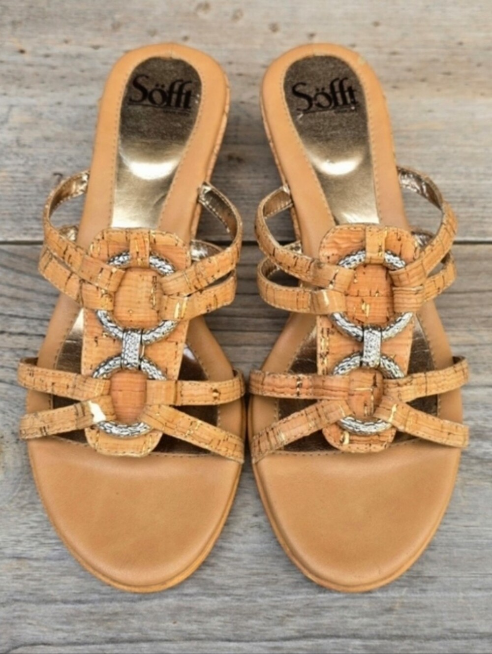Söfft Tan Cork Strappy Slide Sandals with Silver Rings